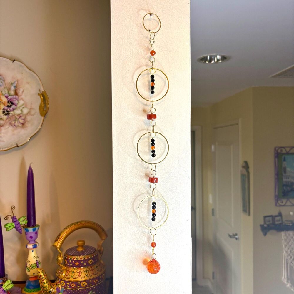 Black Tourmaline & Carnelian Gemstone Wall Hanging, Gold Hoop Crystal Suncatcher